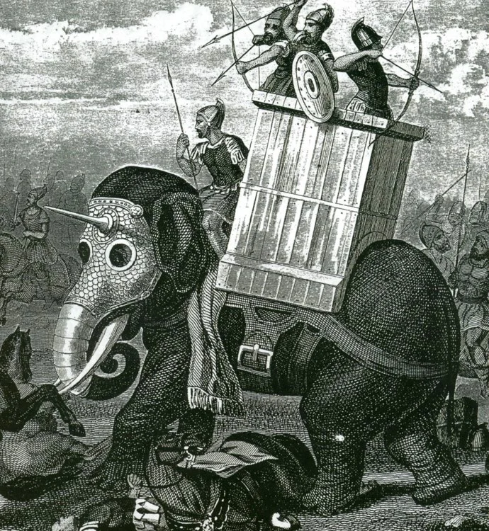 Armoured war elephants have been used by several cultures. This image originally appeared in Friedrich Arnold Brokhaus's atlas, published sometime before 1850. Image: Karl Gröning; Elephants: A Cultural and Natural History .