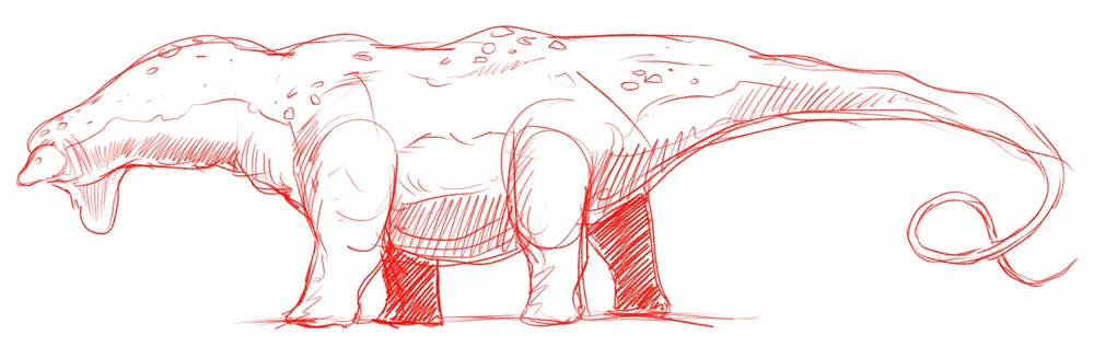 Super-sized sauropods could be bred to be fatter, more muscular and hence higher-yielding than their wild ancestors if domesticated and used for meat production, the result being chubbier, bulkier animals. But what would this mean for the controlling and handling of such massive, powerful animals? Could we even control them at all? Image: Ethan Kocak.