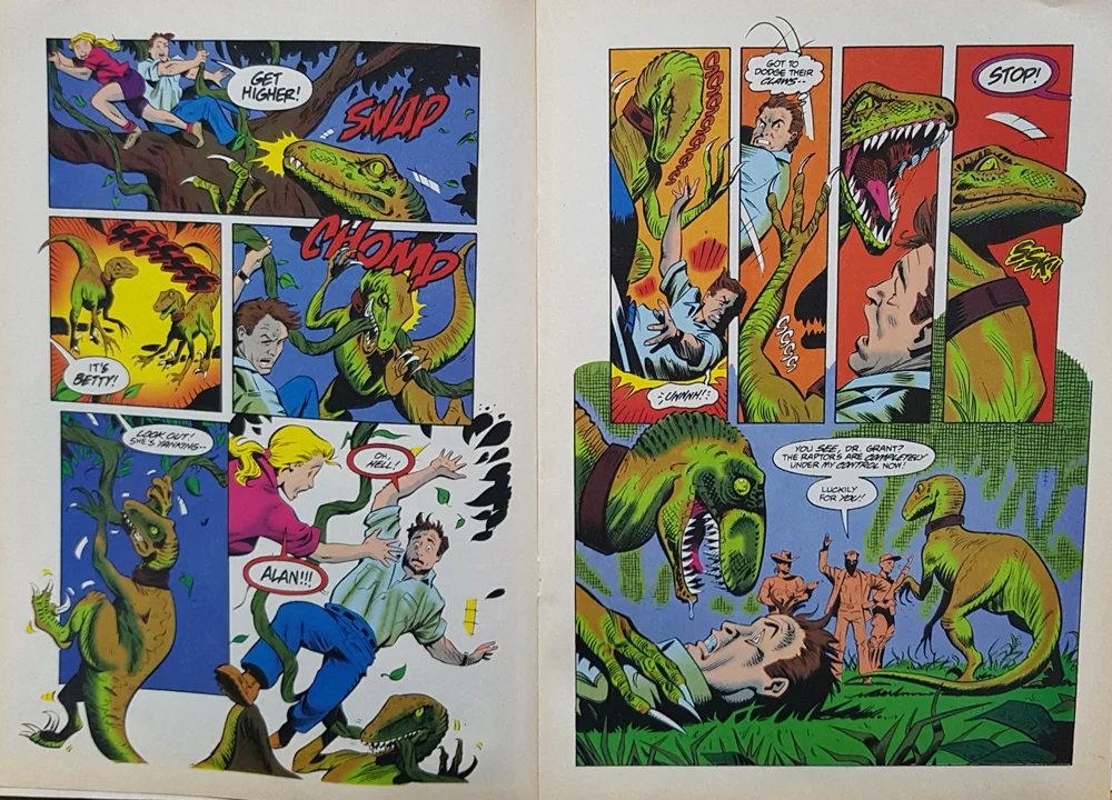 Trained or restrained combat dromaeosaurs: a familiar part of the Jurassic Park universe long pre-dating the Jurassic World movies. This panel is from a 1994 comic published in the Dark Horse Jurassic Park 'Raptors Attack' storyline.