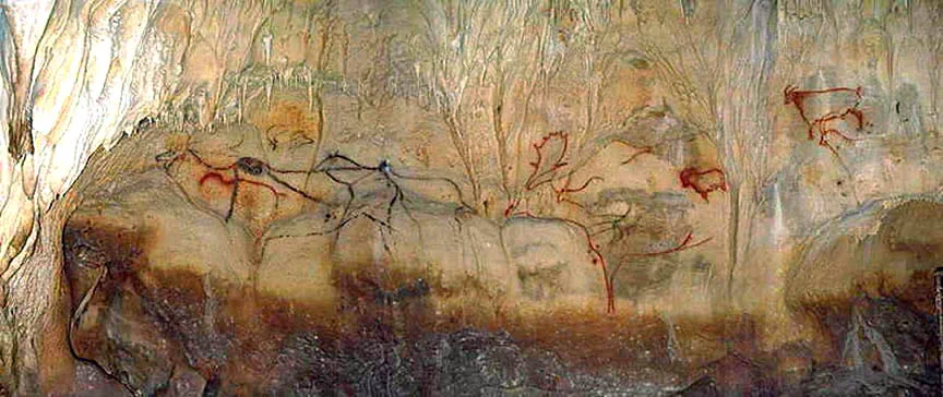 The famous panel at Cougnac, southwest France, showing M. giganteus males and females. This part of the cave is also interesting in depicting a short-horned bovid (at upper right) sometimes interpreted as a tahr. There are also ibex here too. I'm uncertain of the exact origin of the photo shown here: I took it from Fabio Manucci's blog Agathaumus . Numerous additional photos of the same cave can be seen at Don's Maps .