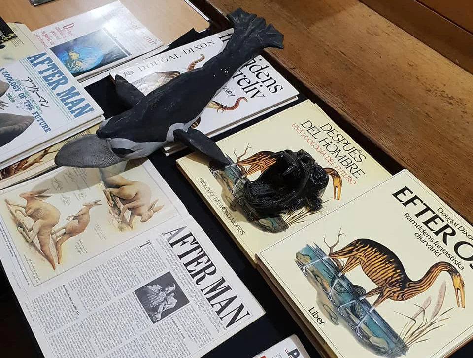 Foreign language translations of After Man , a Vortex and Raboon model, and relevant magazine issues (like the October 1981 ish of BBC Wildlife ). (c) Dougal Dixon. Image: Darren Naish.