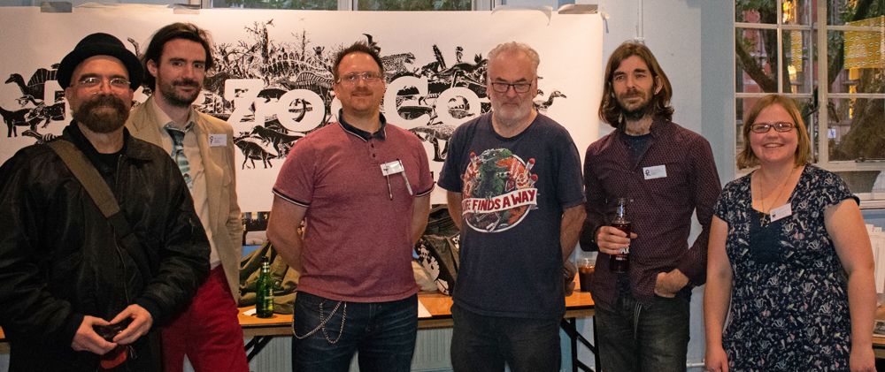 A selection of palaeoartists present at TetZooCon 2018 (and this isn’t all of them). Left to right: Luis Rey, John Conway, Bob Nicholls, Steve White, Mark Witton and Rebecca Groom. Image: Georgia Witton-Maclean.