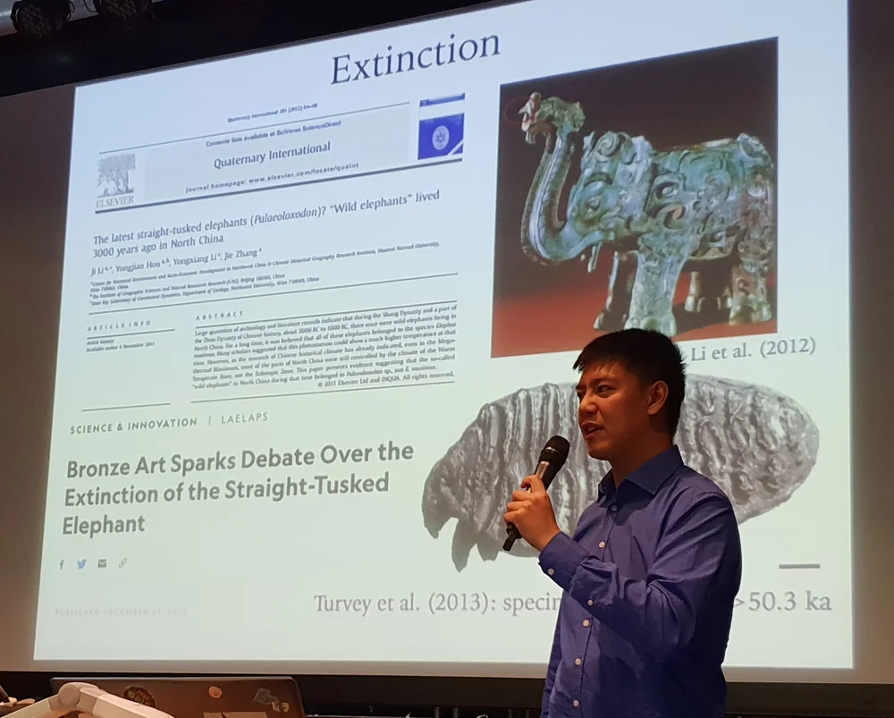 Steven Zhang talks Palaeoloxodon - specifically, at this point, about the alleged survival of this animal into the Holocene (the evidence isn’t great). Image: Georgia Witton-Maclean.