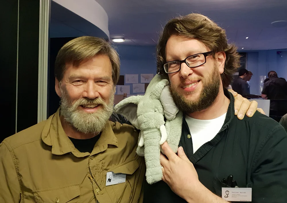 Ian Redmond, Darren Naish and Archie the Elephant (follow him on twitter @ArchietheEle ) at TetZooCon 2018. Image: Darren Naish.