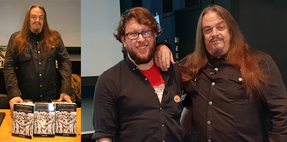 Aron Ra at TetZooCon 2018: at left, with his 2016 book; at right, with Naish. Images: Georgia Witton-Maclean, Darren Naish.