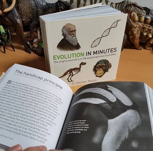 It’s Evolution in Minutes , a book of bite-sized summaries of just about everything we understand about evolution. Image: Darren Naish.