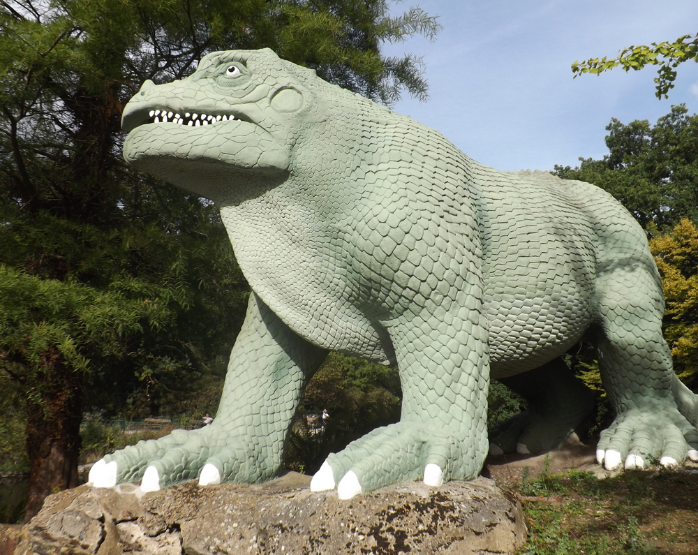 The standing Iguanodon was given renovation and a new paint scheme within recent years. Unfortunately, further repair work is already required. Image: Darren Naish.