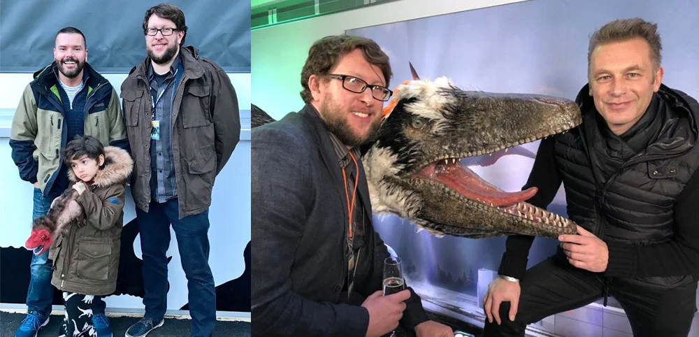 Scenes from Dinosaurs in the Wild. At left, your humble author with John Pickrell (and friend: John is the one not holding the plush tyrannosaur). At right: myself, Siouxsie the Dakotaraptor , and Chris Packham. Images: Darren Naish, Megan McCubbin.