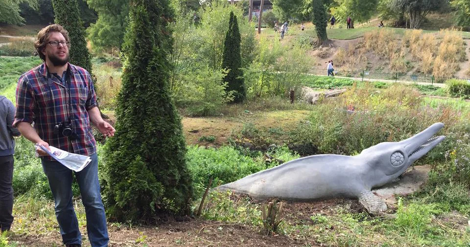 Special access to the islands at Crystal Palace, what a treat. Here, I’m talking about what the Victorians thought about ichthyosaurs. For more, see Up Close and Personal With the Crystal Palace Dinosaurs . Image: Emma Wain.