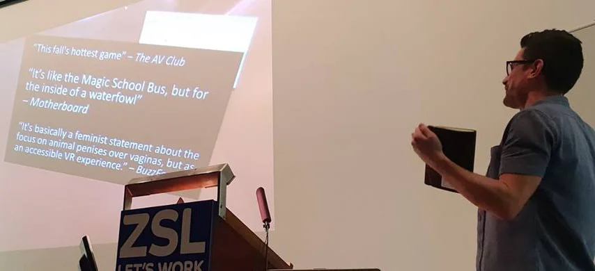 One of the highlights of the ZSL book-themed event — Jules Howard tells us about the digital duck vagina app. Image: Darren Naish.