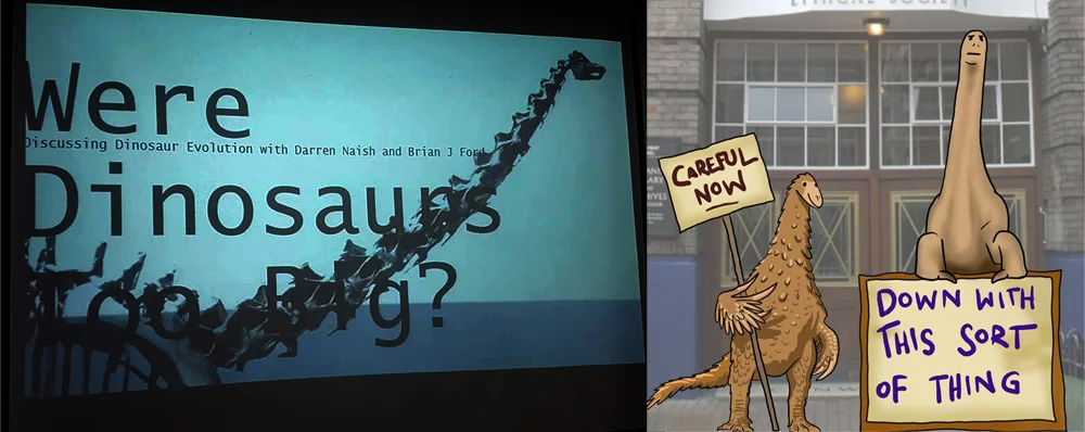 At left: the cover slide for the event. At right: protesters outside Conway Hall, as imagined by Gareth Monger. Well done if you recognise the reference. Images: Darren Naish, (c) Gareth Monger.