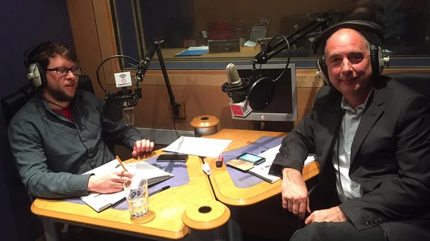 Me (at left) with Tim Haines - of Impossible Pictures, Walking With Dinosaurs, Primeval and so on - doing some Dinosaurs in the Wild promotion for radio during May 2018. Image: Darren Naish.