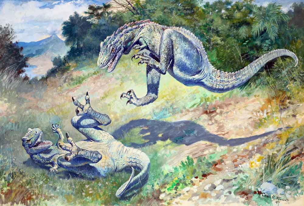 Charles Knight’s Dryptosaurus painting of 1897 was included in the exhibition and was loaned from the American Museum of Natural History. It’s 58 cm long, 40 cm tall. Image: public domain, wikipedia (original here ).
