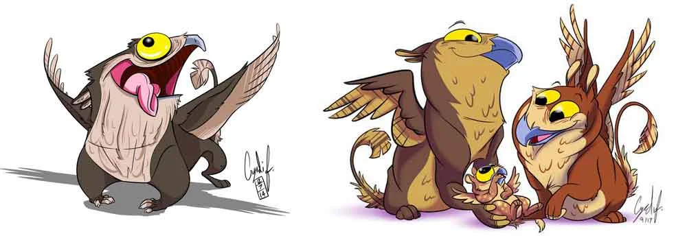 Cartoon potoo griffins, by Cyndi Foster, aka Gingo, aka Gryphon Queen ( here at DeviantArt ). This is why the internet was made. Images: (c) Cyndi Foster/Gingo .