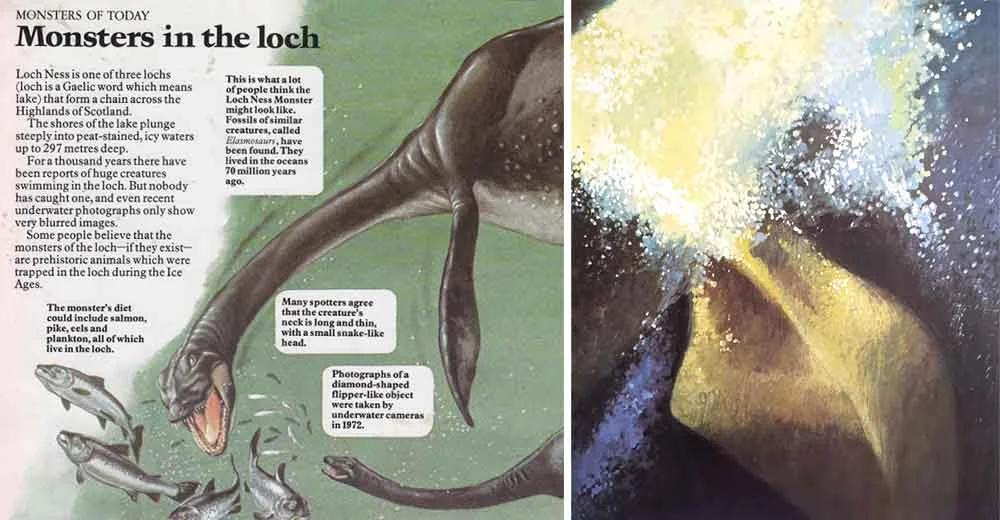 Nessie as a plesiosaur. And, at right, the famous flipper depicted as if it might be real. Hey, it was the 1970s. Image: Usborne/Miller 1977.