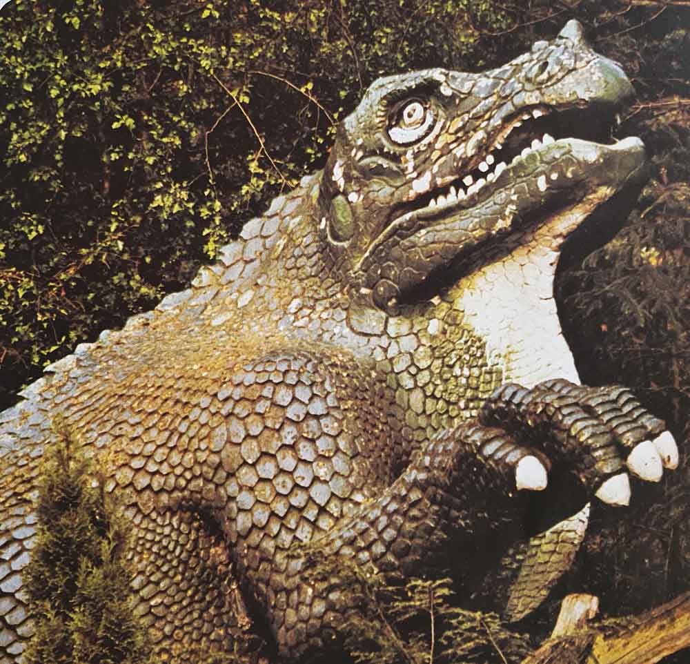 The Crystal Palace reclining Iguanodon , as it looked during the late 70s. Contrast this with the images shown in the TetZoo article here . Image: Usborne/Miller 1977.