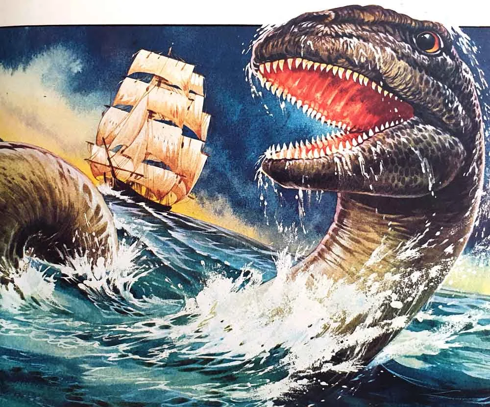 The Monongahela monster, illustrated as if we actually knew what it looked like: a thick-bodied, serpentine creature that swam with a spiralling action and had homodont, conical teeth. The art throughout the book is fantastic. Image: John Francis/Usborne/Miller 1977.