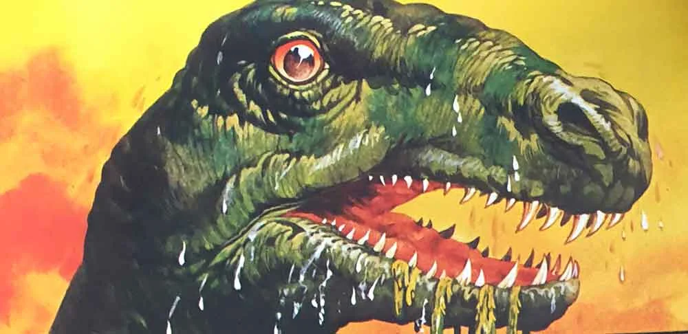 Water monster from the opening pages of the book. The weed snagged on the teeth is a nice touch (and reminds me of the creatures from the 1975 movie The Land That Time Forgot ). Image: John Francis/Usborne/Miller 1977.