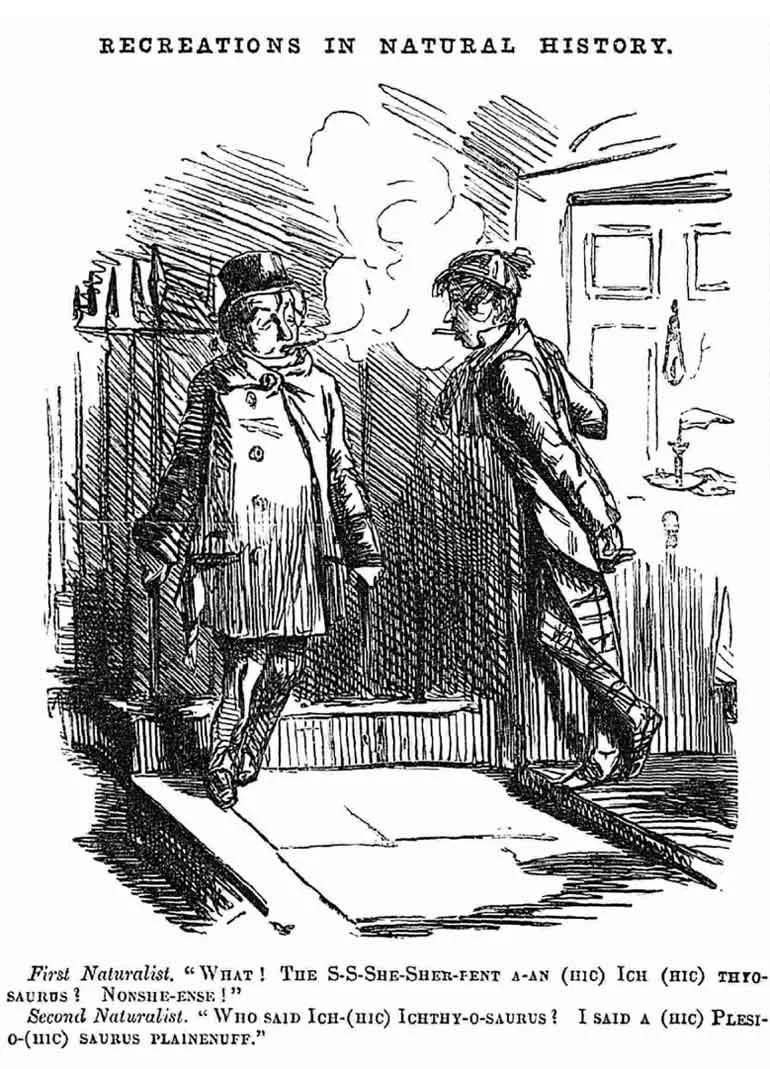 This 1848 cartoon, from Punch magazine, indicates some familiarity among the public of the time with fossil animals like ichthyosaurs and plesiosaurs. Image: Paxton & Naish (2019) .