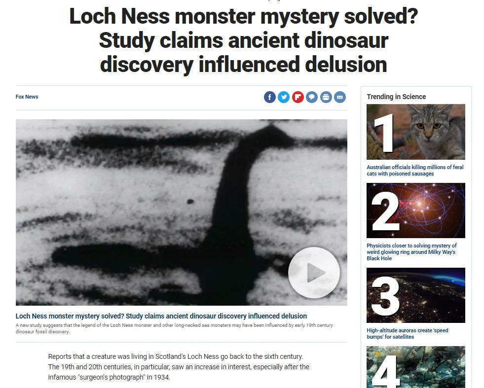 Fox News coverage of our research. “Loch Ness”? “Dinosaurs”? “Delusion”? Sigh.