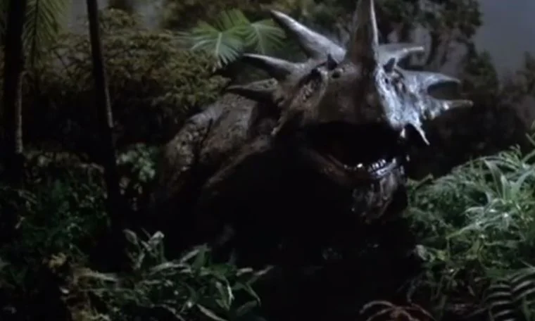 Screengrab from  The Land That Time Forgot , showing the styracosaur that doesn’t get shot.