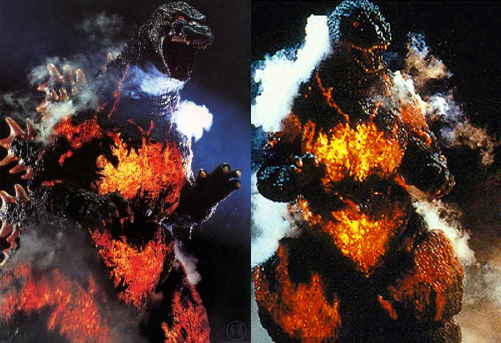 In the 1995 movie Godzilla vs Destoroyah , Godzilla burns up from the inside and endures a painful phase of looking spectacularly patchworked with glowing red. Images: (c) Toho.