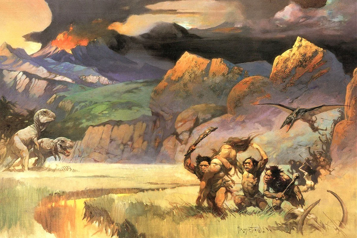 The Hollow Earth of Edgar Rice Burroughs is supposed to have looked something like this… [UPDATE: nope, this is nothing to do with the Hollow Earth - it was instead done for the cover of a 1967 magazine issue that celebrated the movie  One Million Years BC . Thanks to Alan Friswell for this correction]. This is one of Frank Frazetta’s inimitable illustrations. Image: (c) Frank Frazetta,   original here  .