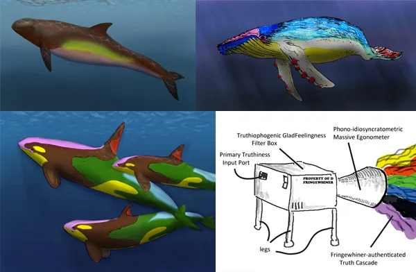 I once wrote an April Fool’s article whereby a newly designed machine was said to have revealed the true life appearance of whales ( it’s here at TetZoo ver 3 ). The imaginary multi-coloured whales devised for that spoof article were in part inspired by Tom Ritchie’s illustrations. Images: Gareth Monger and Darren Naish.