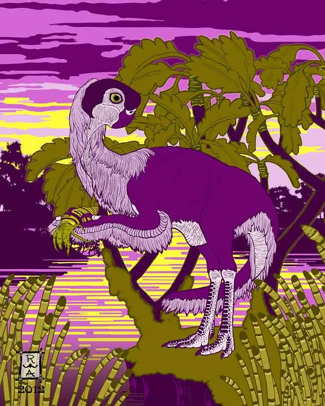 Witton (2018) includes artwork by several artists, sometimes included to depict diverse styles, compositions and approaches. This is ‘Nemegt Sunrise’ by the amazing Raven Amos ( website here ), and depicts the oviraptorosaur Conchoraptor with a hermit crab. Image: (c) R. Amos.