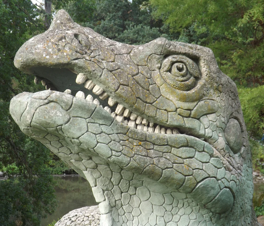 Head of the reclining Crystal Palace Iguanodon . There’s an awful lot to say about these models… and I’m pretty sure they’ve been extensively discussed on a blog run by a colleague of mine. If only I could remember the name of it, or the url. Ok, ok, Mark Witton has been discussing all the models A LOT. Image: Darren Naish.