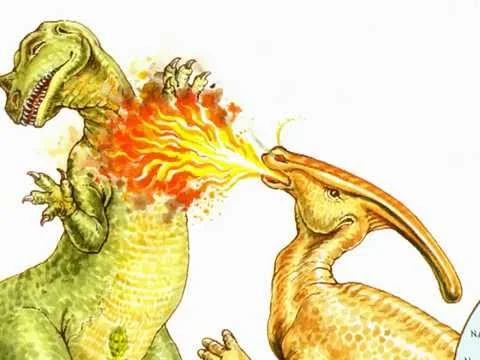 Parasaurolophus - beloved posterchild of the fire-breathing dinosaurs movement - flames an anachronistic Ceratosaurus , a familiar image from the creationist literature. I believe that this is from one of Ken Ham’s books.