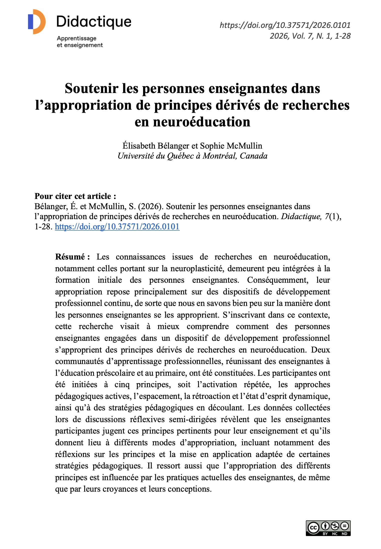 Soutenir les personnes enseignantes dans l’appropriation de principes dérivés de recherches en neuroéducation