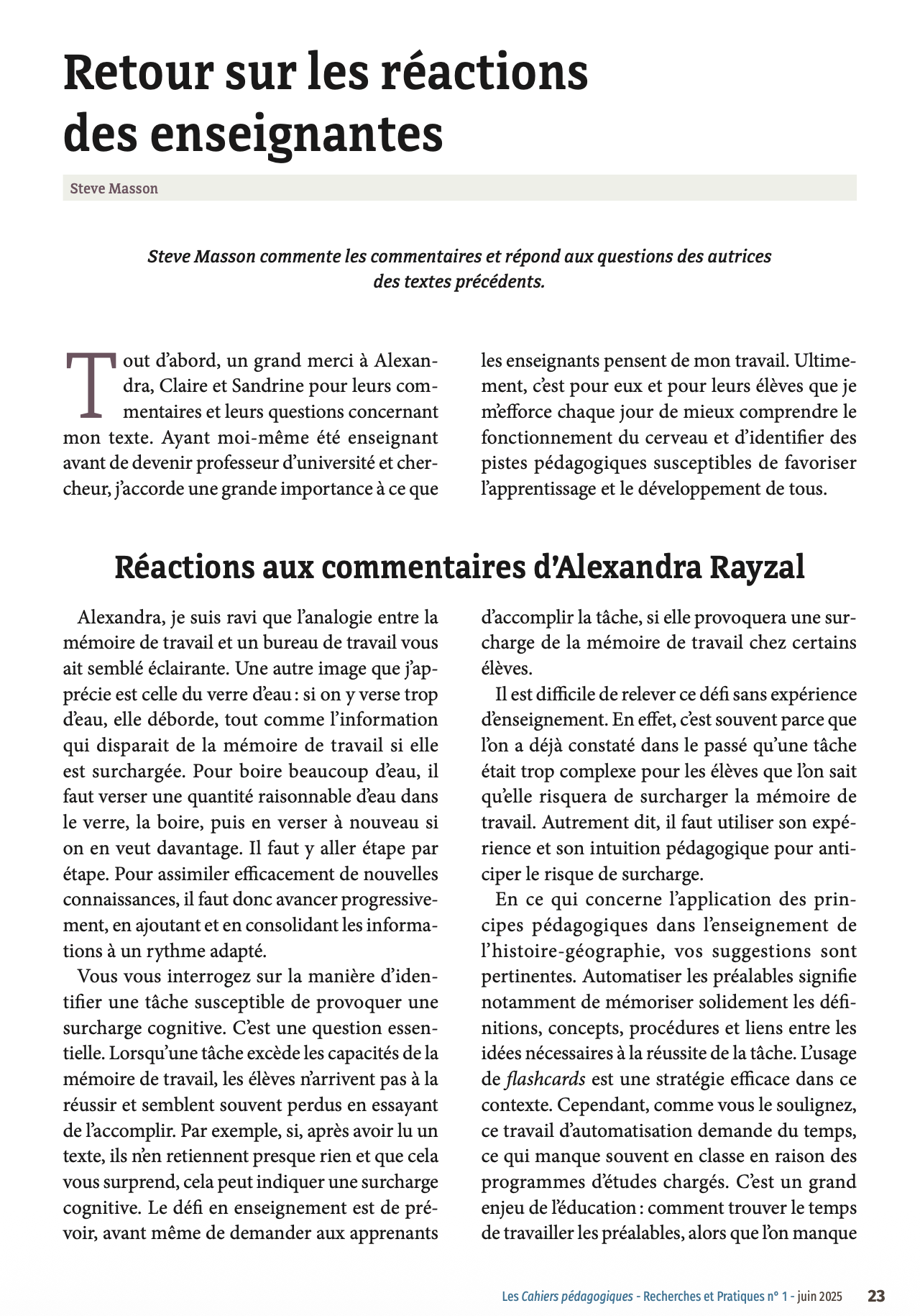 Retour sur les réactions des enseignantes au texte «&nbsp;Éviter la surcharge de la mémoire de travail&nbsp;»