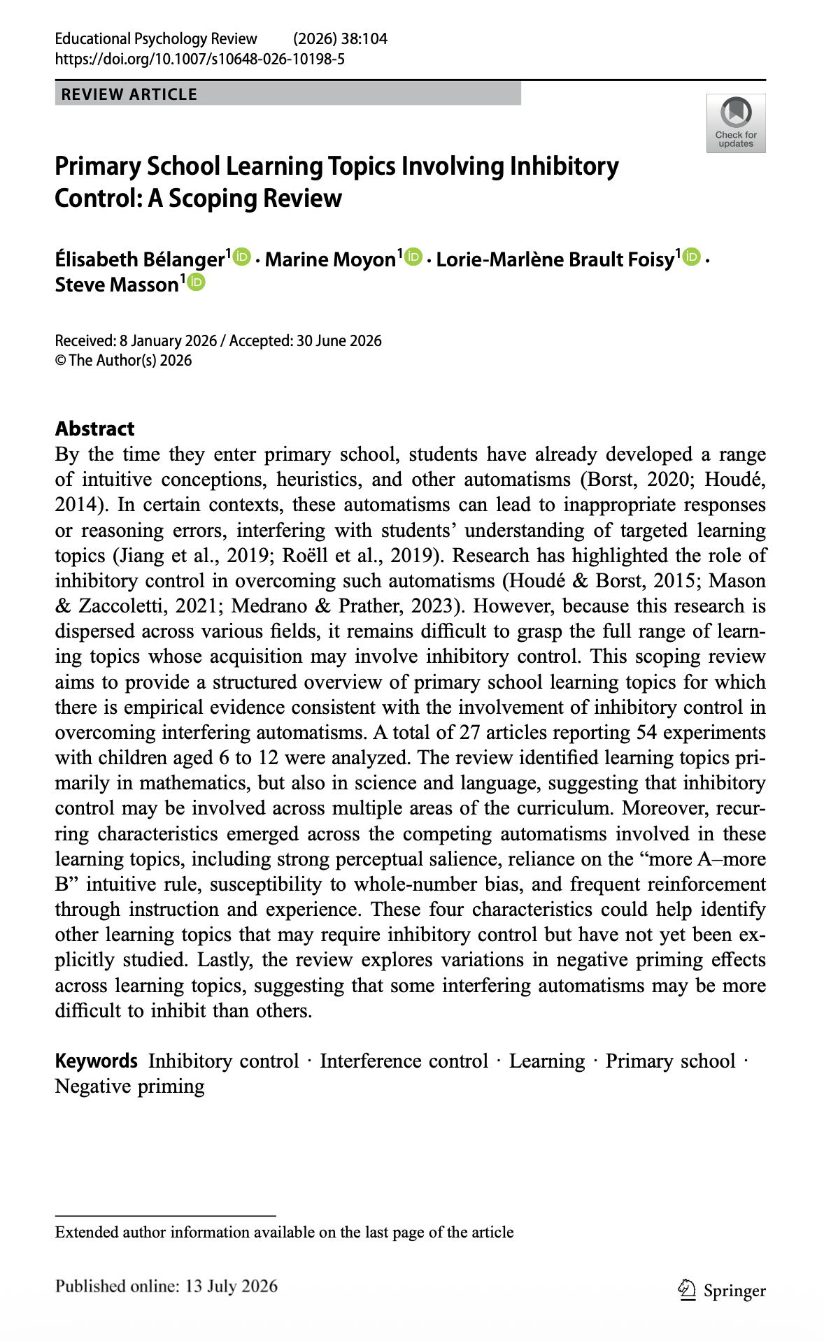 Primary School Learning Topics Involving Inhibitory Control: A Scoping Review