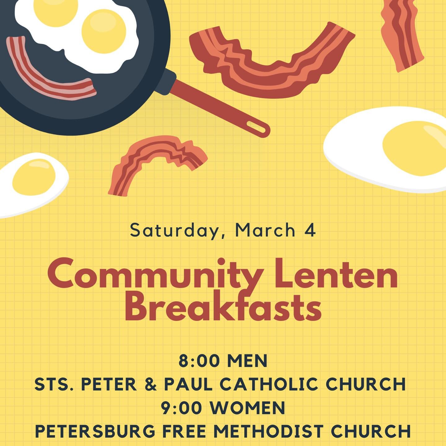 Ladies, the tables are already set and waiting for you to join us tomorrow morning at 9:00 here at Petersburg Free Methodist Church!  Join us for a morning of food, fellowship, and devotion. 

Gentlemen, you are not to be left out.  You can gather fo