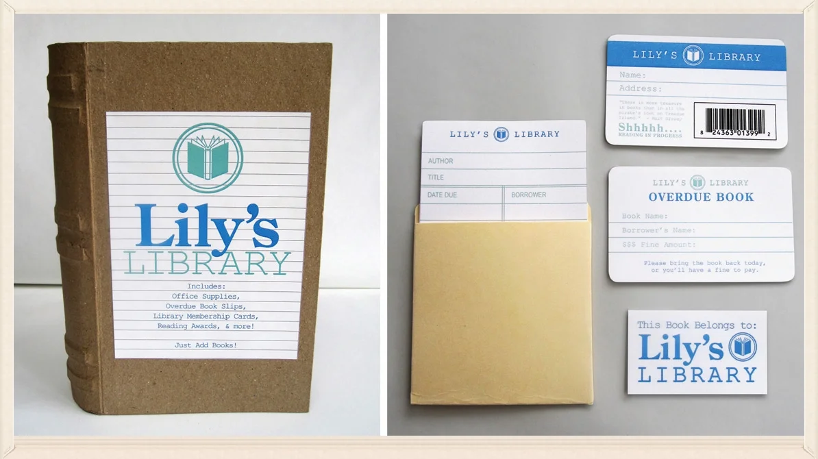 One of my favorite side projects. Last year I made my boyfriend's daughter, Lily, a library kit for Christmas. She still uses it and has requested refills. Success!