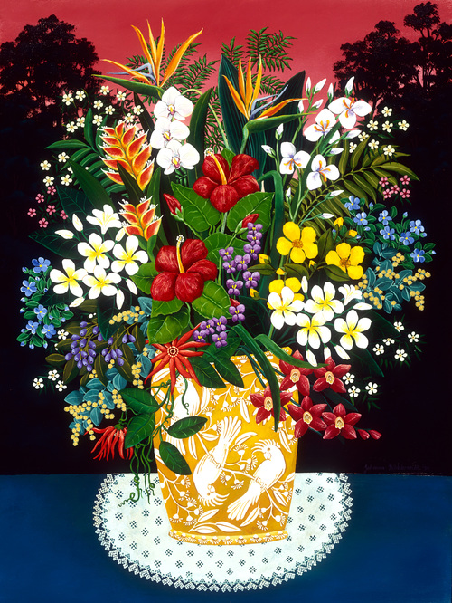 TROPICAL ARRANGEMENT This exotic and colorful flower arrangement consists of many tropical and native Australian flowers, like Strelizias, Orchids, Irises, Frangipani and flowers from the Firewheel tree. This exotic mix is presented in a bright yellow vase with images of Cockatoos frolicking on Eucalypt branches, set against a dramatic pink sky. Limited edition of 500, signed and numbered. Printed on archival paper. Image size: 58cm x 43cm.