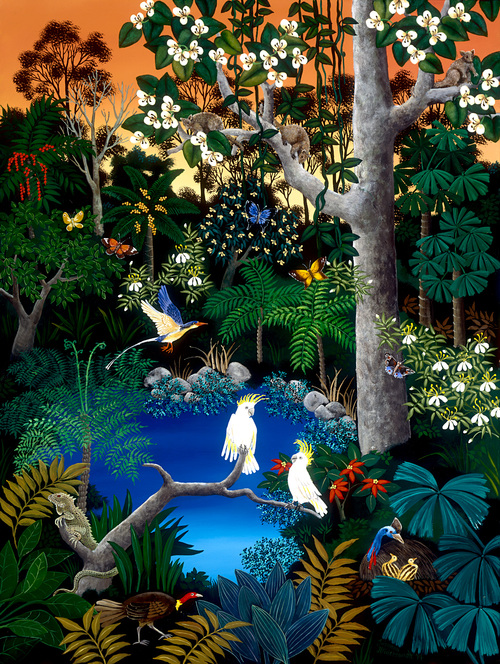 TROPICAL FOREST Here is a cheerful gathering of birds and wildlife in the rainforest of tropical Northern Australia. Bright butterflies, Kingfishers and Cockatoos are amongst the foliage which only rainforests can produce. Life in this wilderness is awe inspiring! Limited edition of 500, signed and numbered. Printed on archival paper. Image size: 58cm x 43cm.