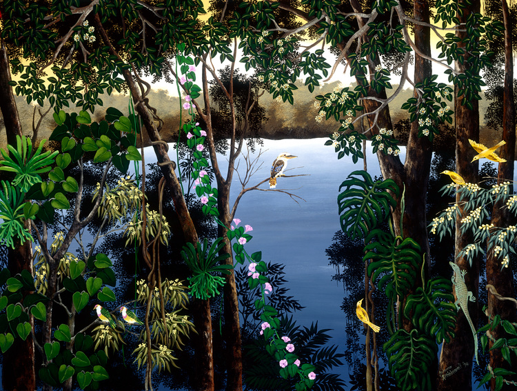 KOOKABURRA AT THE LAKE This painting was inspired by my daily evening walks on the shores of a favourite lake near my studio. The sun has set but the birds are still gathering before settling down for the night. Mist is on the horizon. The image conveys the calm and still magic of the evening. Limited edition of 500, signed and numbered. Printed on archival paper. Image size: 43cm x 58cm.