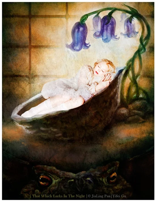 One night, while she lay in her pretty bed, a large, ugly, wet toad
crept through a broken pane of glass in the window, and leaped right
upon the table where Thumbelina lay sleeping under her rose-leaf quilt. "What a pretty little wife this would make for my son," said the toad She took up the walnut-shell in which little Thumbelina lay asleep, and jumped through the window with it into the garden.