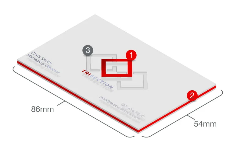 A schematic drawing, in isometric perspective, that highlights design features of the letterpress cards. It depicts the three layer construction of the card, explains the process of debossing the surface and provides the dimensions of the card (86mm x 54mm)