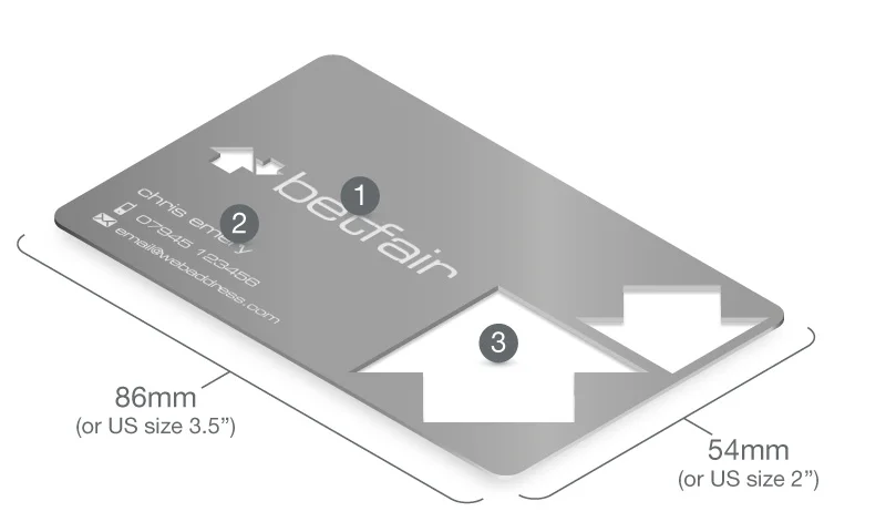 A schematic illustration, shown in isometric perspective, detailing the design features and specifications of the coloured metal cards. These include the colouring process, the etching and precision cut-throughs and the maximum dimensions of 86mm by 54mm