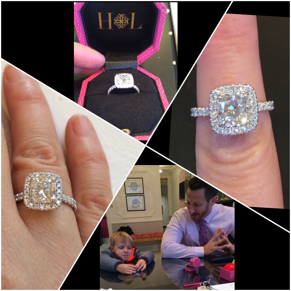 Ryan gets his son in on the secret 10 year anniversary upgrade for his deserving wife. This HL cushion cut beauty makes Jami smile everyday! 