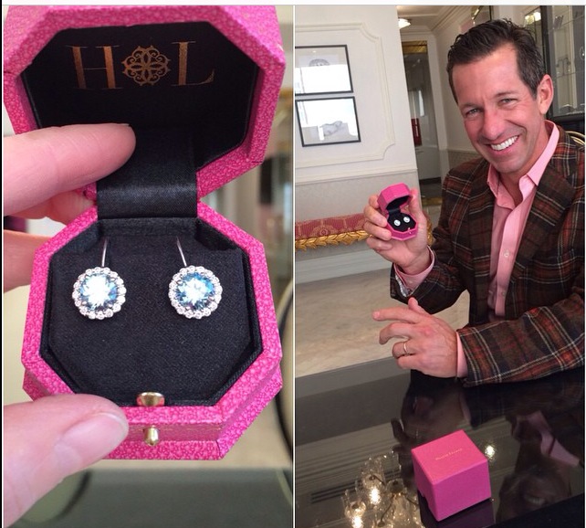Every man should be as thrilled as Marty (and dressed as dapper) when picking up his wife's 50th birthday surprise. His wife, Marcy, adores her swoon-worthy aquamarine + diamond ear-candy. 