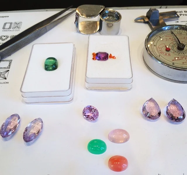 A fun design day starts in the HL showroom, just me, playing with my gems while sipping tea and listening to my current playlist. I love the natural light I get from my bay of windows, perfect for gem matching and sorting. 