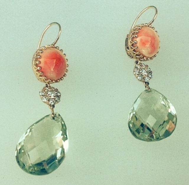 I love working with briolette cut gems. I have these pear shaped beauties cut and matched to my specification in Idar Oberstein, Germany. Faceted on both sides, allowing for minimal metal and lots of sparkle! (Prasolite + Coral with diamonds in yellow gold.)