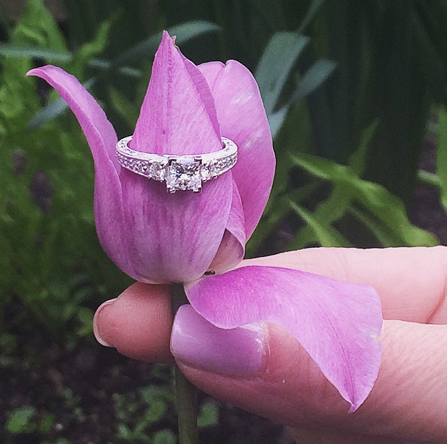 Walking down Michigan Ave. in Chicago, inspired by Spring weather and colorful tulips...I couldn't resist the urge to snap a shot of this hand-engraved, vintage-inspired engagement ring, on my way to deliver to my client. Flowers + Diamonds, perfect duo. 