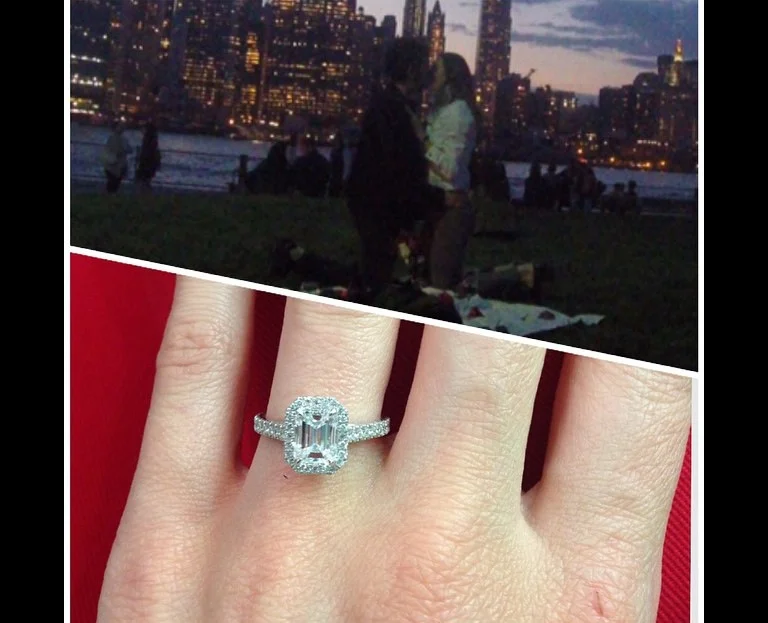 Vanessa was blown away by her surprise proposal while on a hike with Yaniv at sunset in NYC. His buddies set up this picnic for them to stumble upon, talk about romantic! He was beaming, and she cried tears of joy! I still get texts from her proclaiming her love for her ring, "most beautiful piece of jewelry I ever owned!"