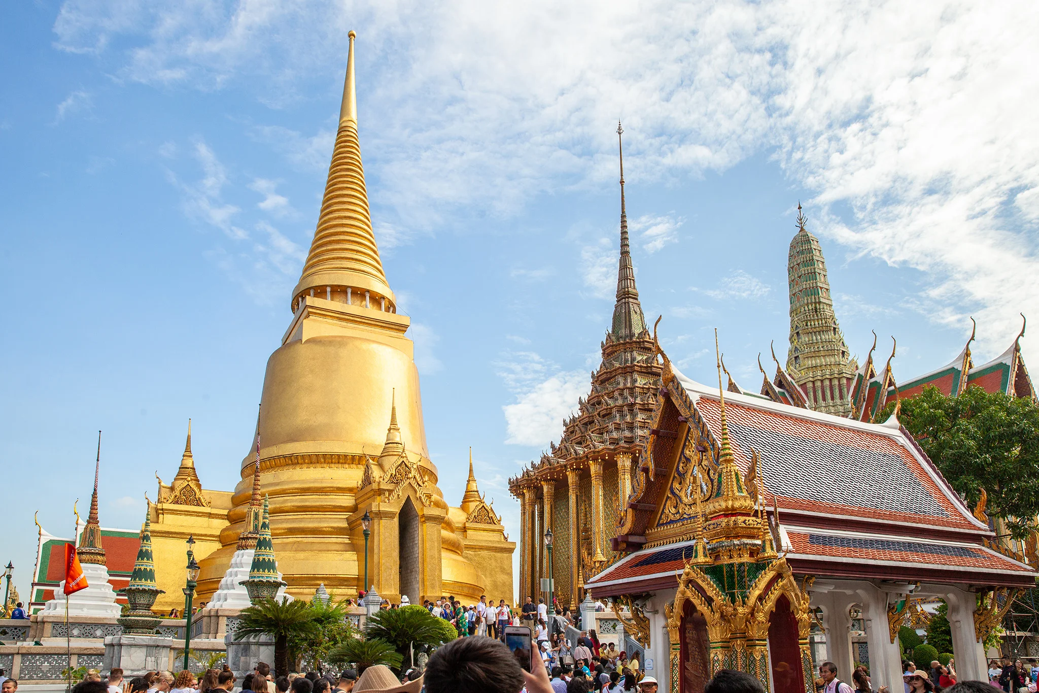 Golden stupa Phra Siratana Chedi and Wat Phra Sri Rattana Satsadaram (Temple of the Emerald Buddha), inside the Grand Palace