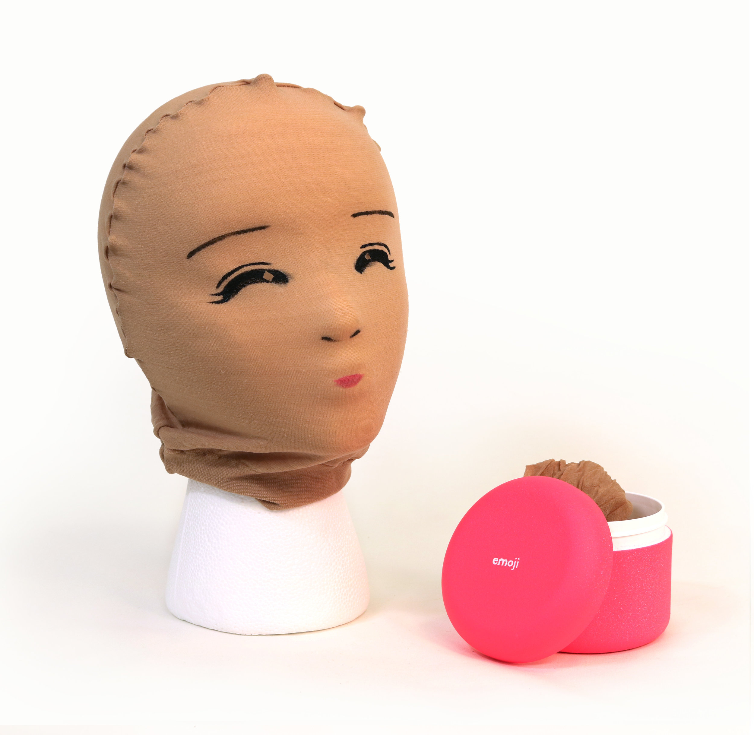 Emoji, nylon stocking, molded plastic and acrylic paint, 2017
